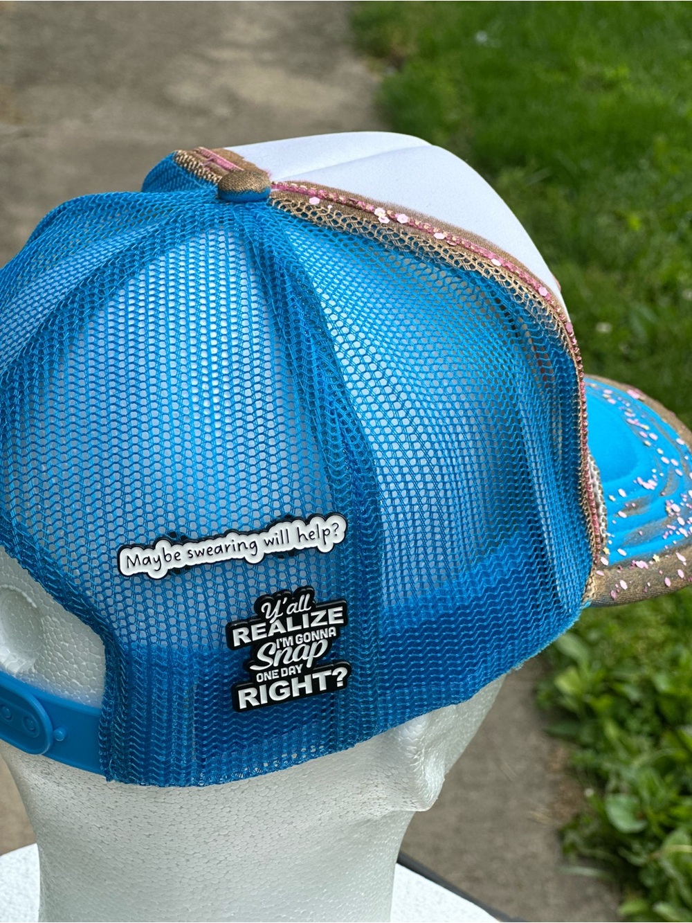 OTTO Blue White Pink "What the Helly" Trucker Hat - Picture 3 of 3